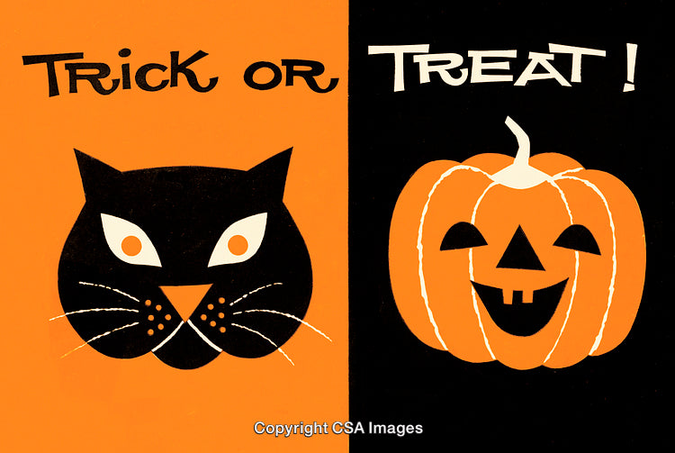 Vintage Halloween Design Featuring a Black Cat and a Carved Pumpkin