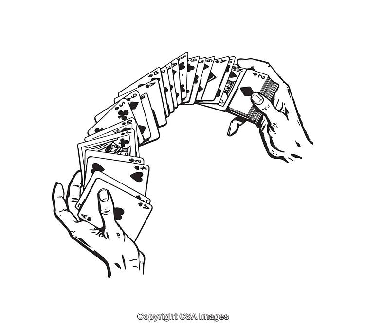 Line Art of Hands Holding and Spreading Playing Cards in Motion