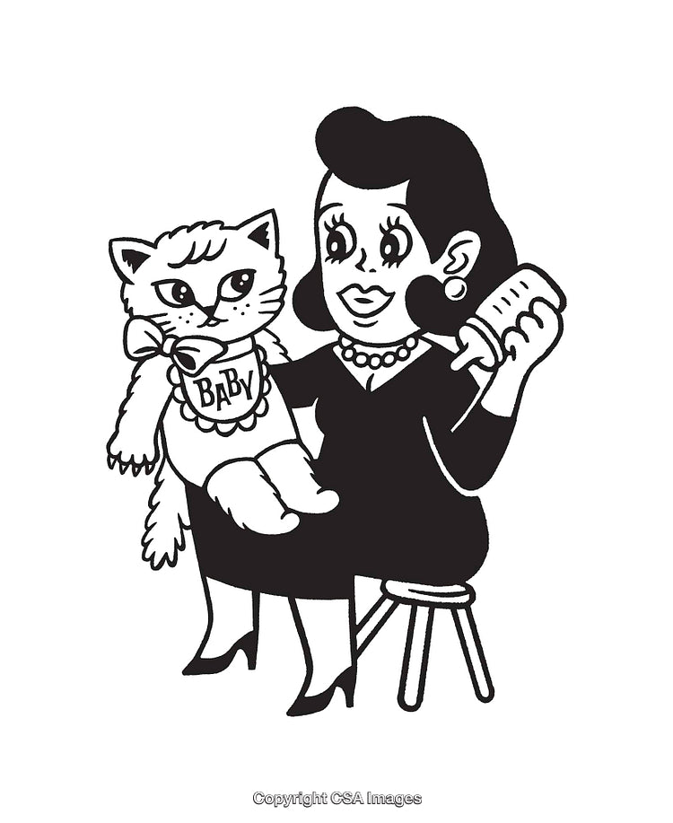Vintage Line Art of Woman Feeding Anthropomorphic Cat Baby