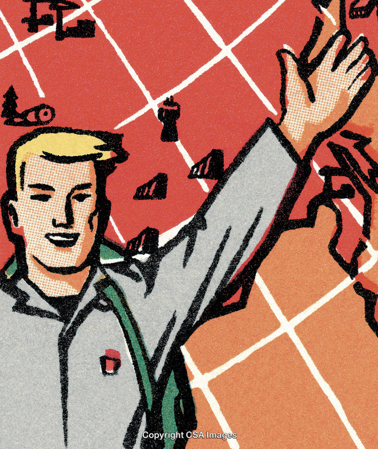 Man Gesturing in Front of a Giant Globe