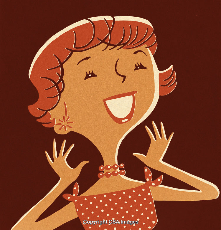 Vintage Illustration of a Smiling Woman in a Red Polka Dot Outfit