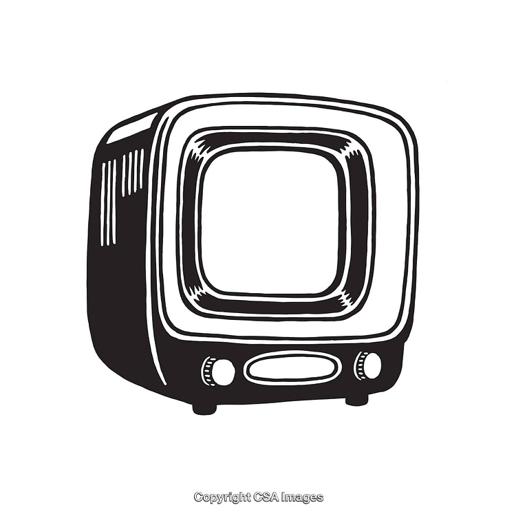 Retro Television Illustration in Black and White Monochrome Line Art Style