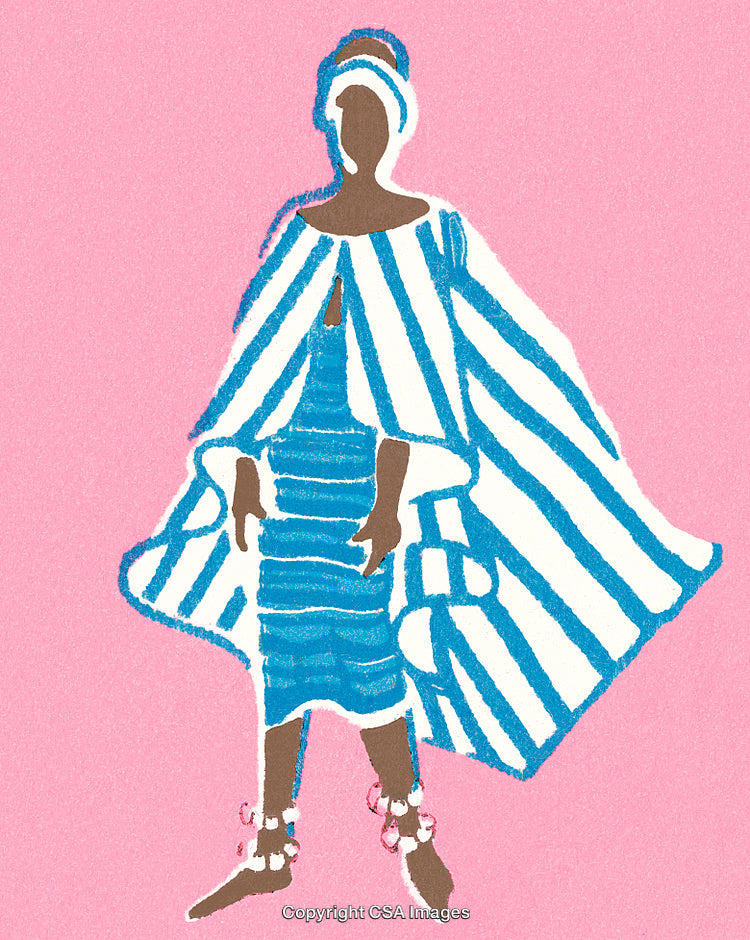 Stylized Illustration of a Person in Vibrant Blue Traditional Attire on Pink Background
