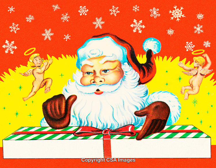 Festive Santa Claus with Cherubs and Gift Amid Snowflakes Background