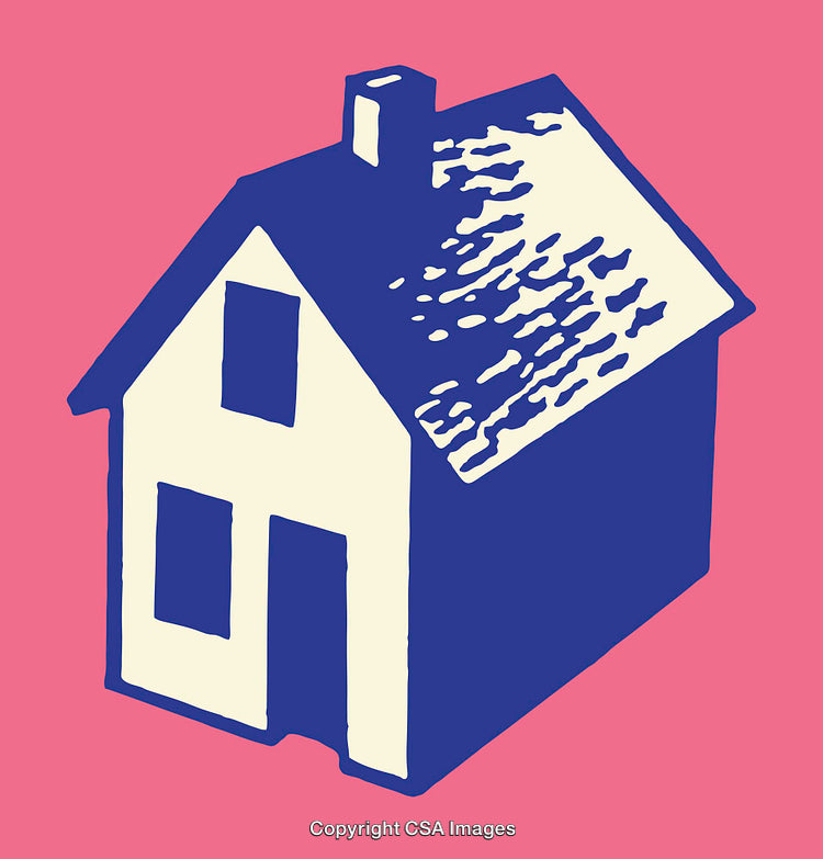 Minimalist Blue and White House Illustration on Pink Background