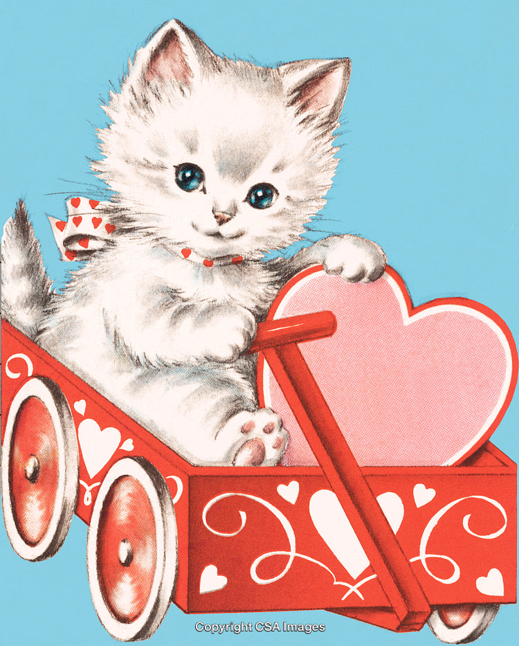 Adorable White Kitten in Heart-Decorated Red Cart with Valentines