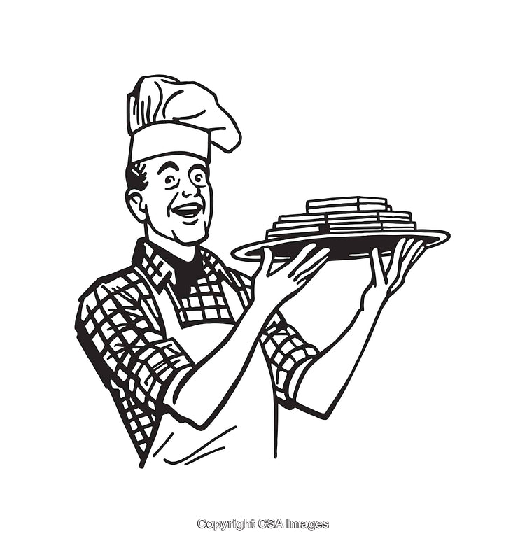 Vintage Line Art Illustration of a Smiling Chef Holding a Plate of Pancakes