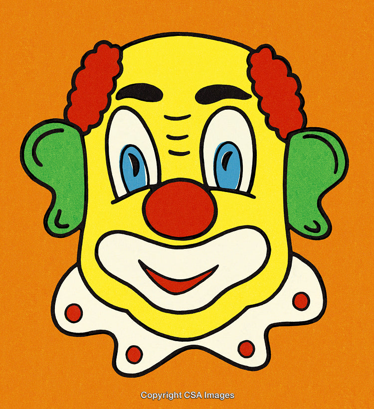 Brightly Colored Cartoon-Style Clown Face Illustration with Orange Background