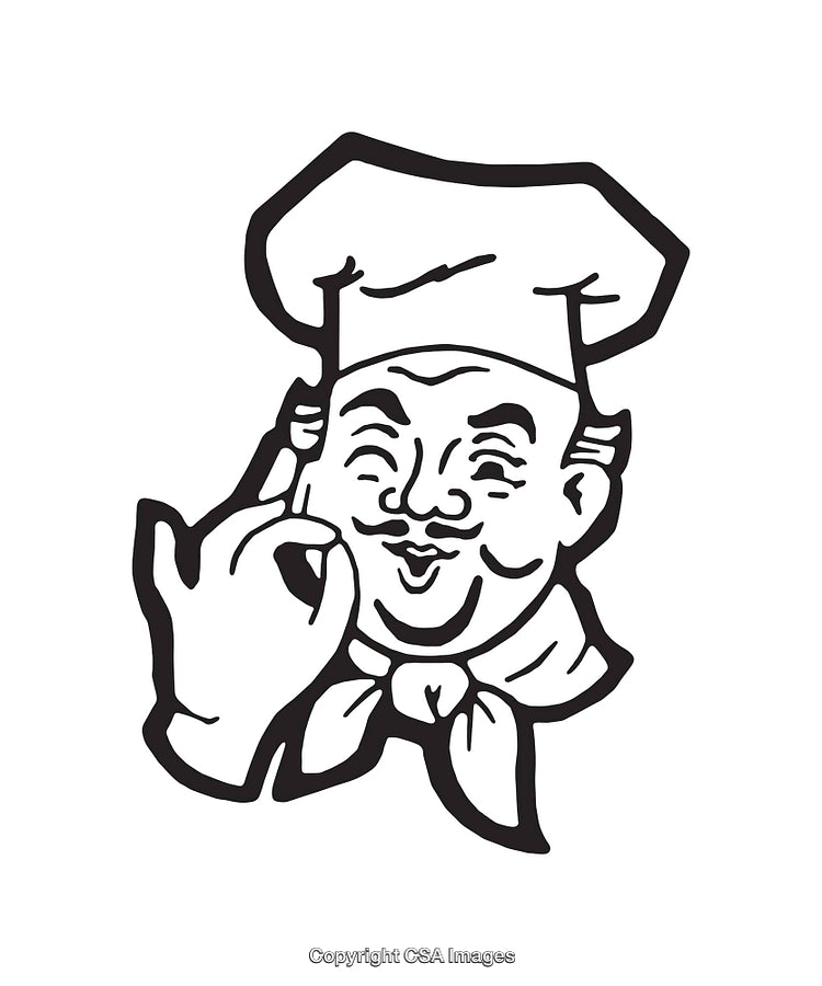 Black and White Line Art of a Chef With Okay Hand Gesture