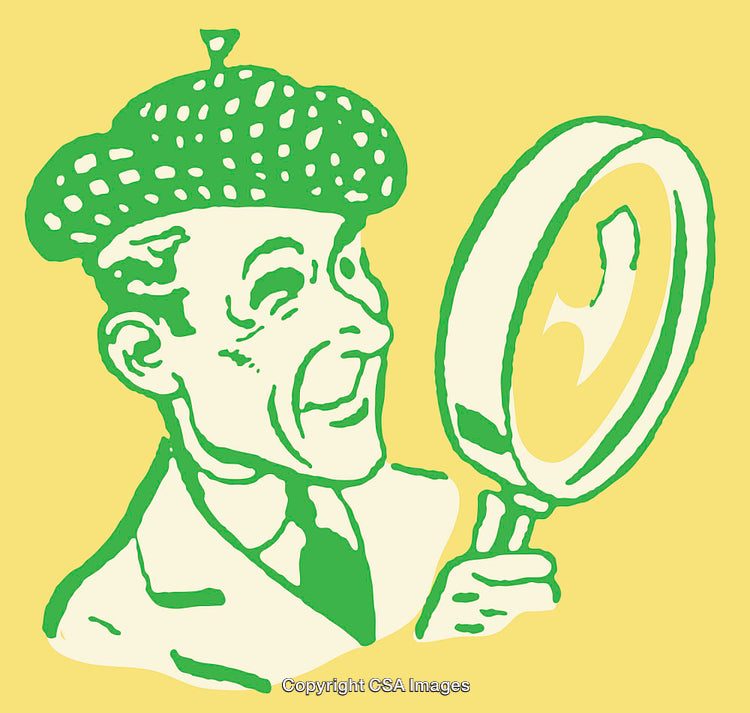 Vintage Detective Cartoon Examining Object With Magnifying Glass