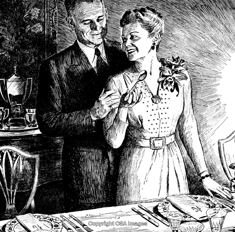 Vintage Engraving of a Couple at a Formal Dinner Gathering