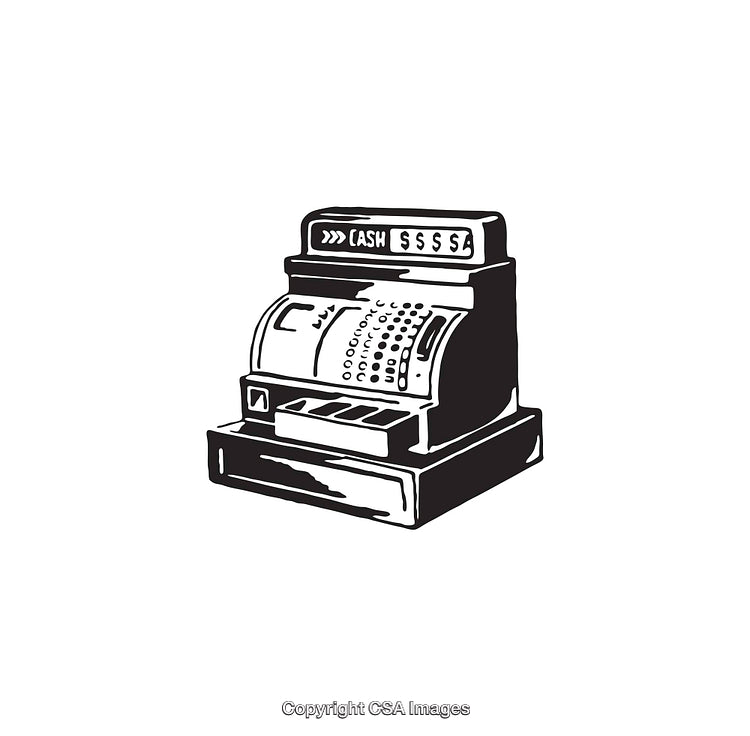 Classic Black and White Illustration of a Vintage Cash Register