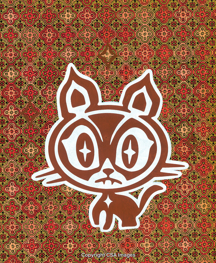 Illustration of a Stylized Cat on a Colorful Patterned Background