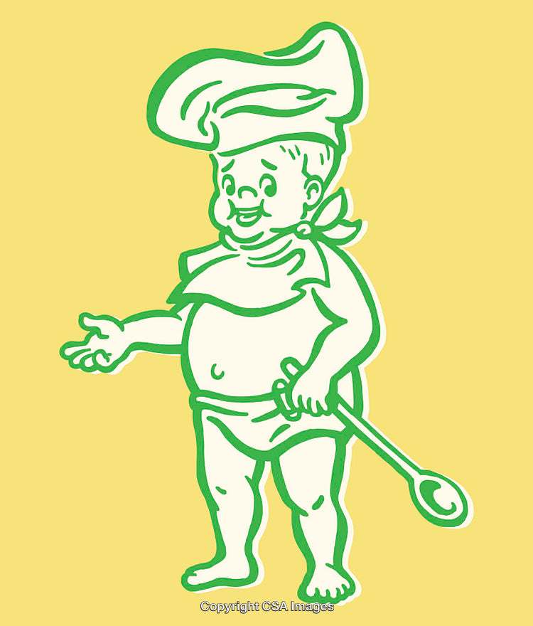Vintage Green Line Art Illustration of a Chef on Yellow Background