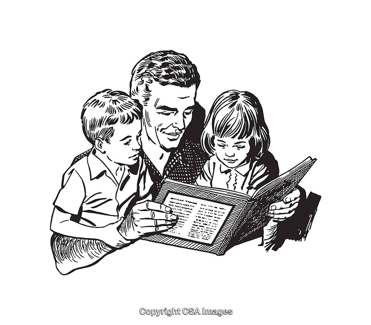 Black and White Illustration of a Father Reading With Two Children