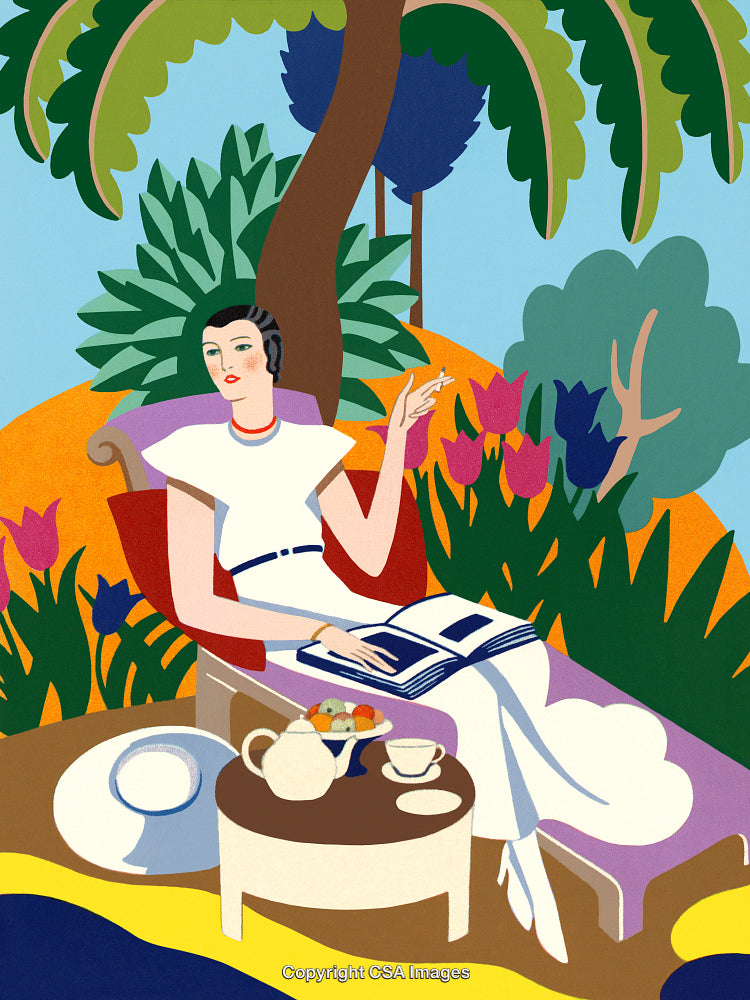 Elegant Woman Relaxing Outdoors Amid Lush Nature with Drinks and Book