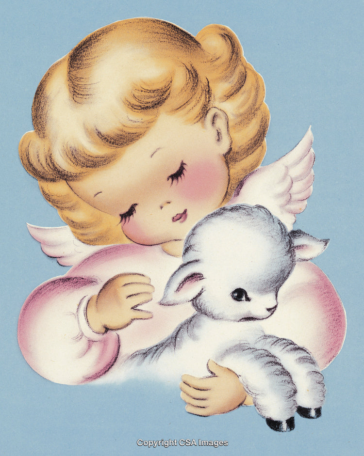 Illustration of Angel Embracing a Lamb on Blue Background