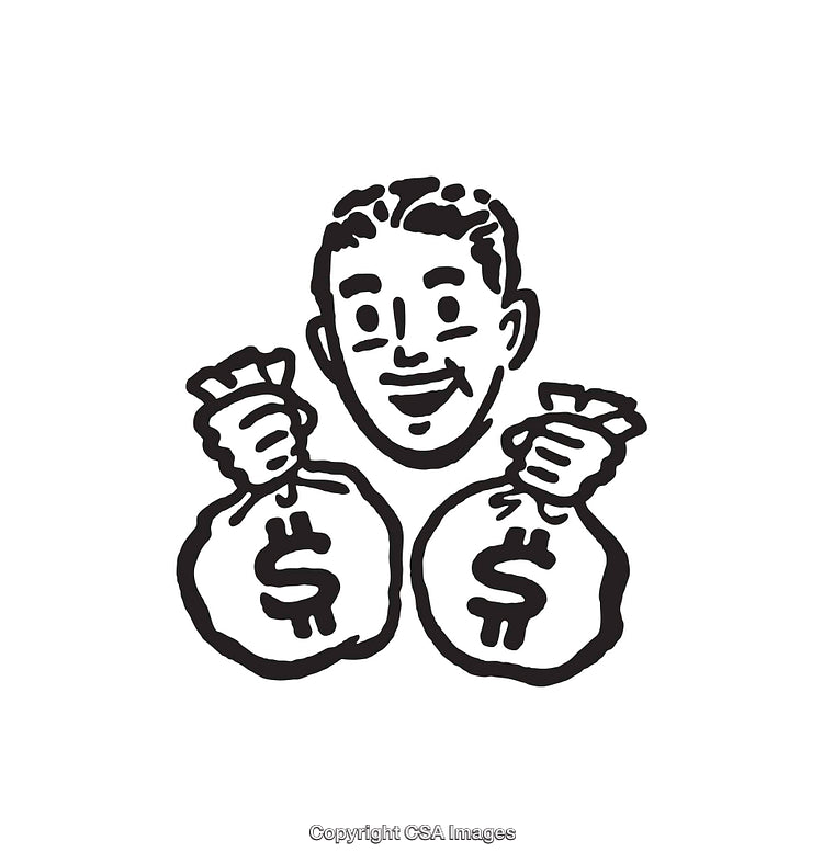 Vintage Line Art Illustration of Happy Man Holding Money Bags