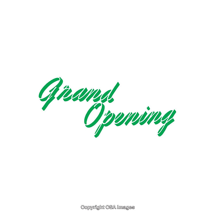 Green Cursive Grand Opening Text on White Background for Business Announcements
