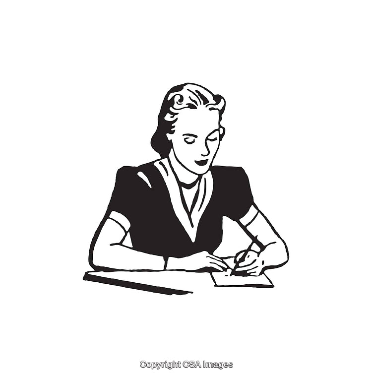 Vintage Black and White Illustration of a Woman Writing