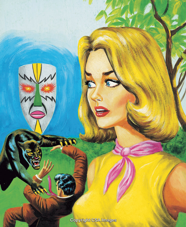 Mysterious Scene with Panther, Mask, and Surprised Characters in Nature