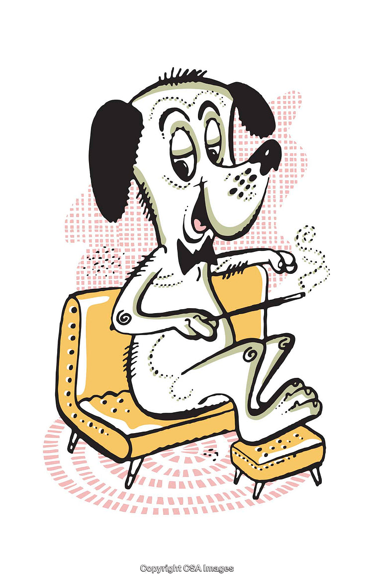 Retro-Style Illustration of a Playful Cartoon Dog Relaxing on a Comfortable Couch