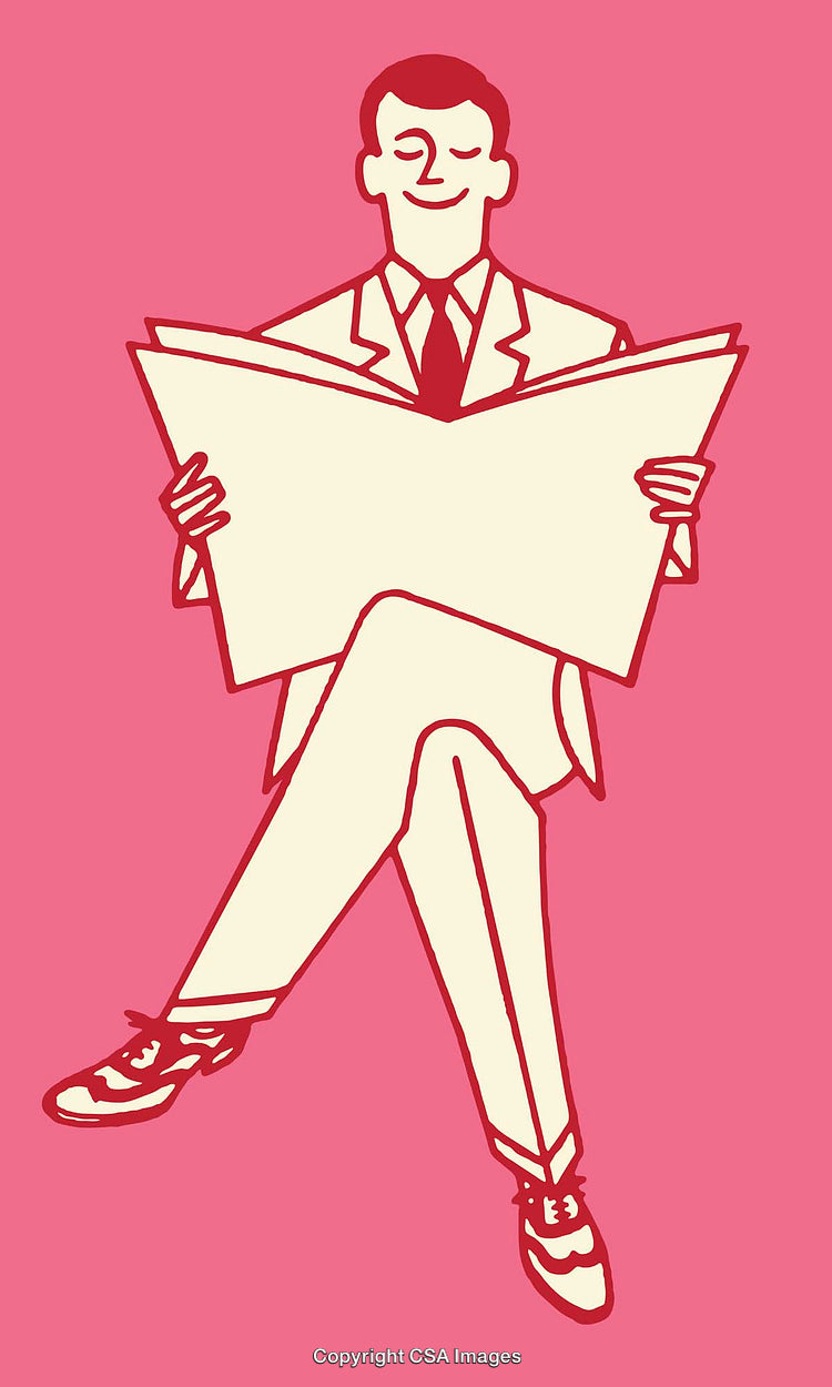 Illustration of a Cheerful Man Reading a Newspaper in Modern Line Art