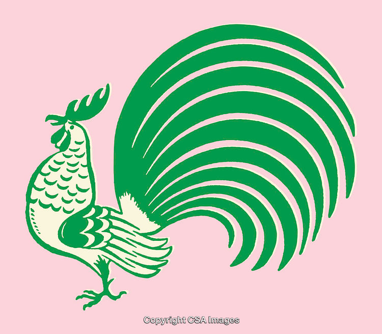 Green Stylized Rooster Illustration on a Soft Pink Background