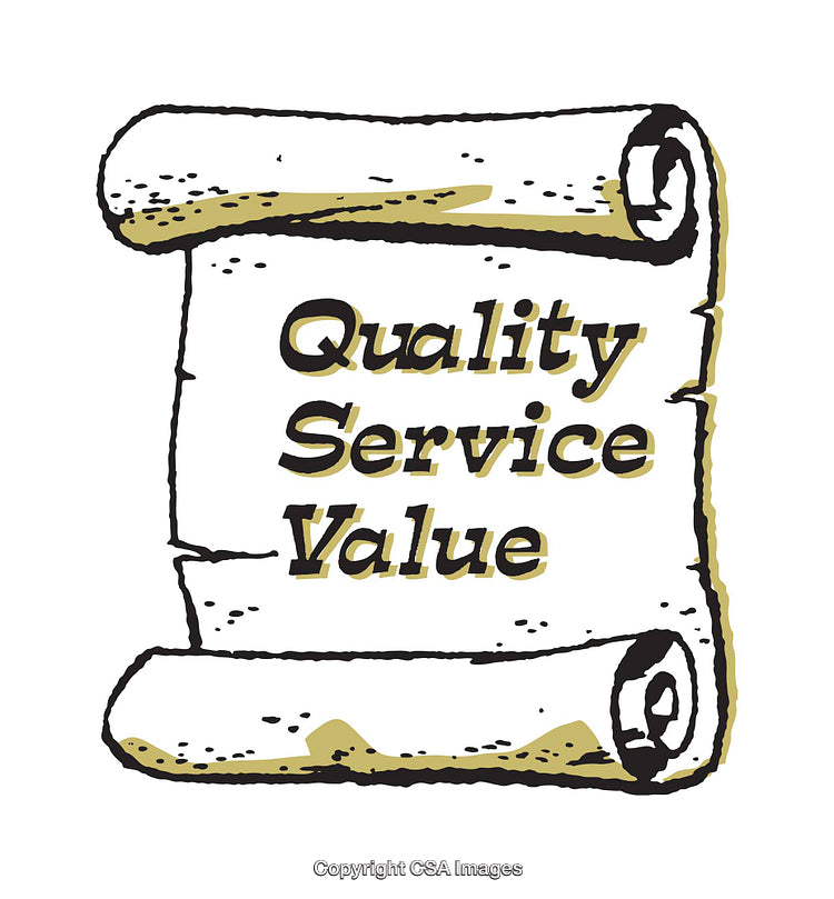 Illustrated Scroll Featuring Words Quality, Service, and Value on Paper Background