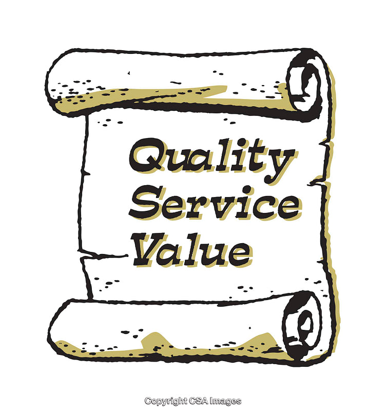 Illustrated Scroll Featuring Words Quality, Service, and Value on Paper Background