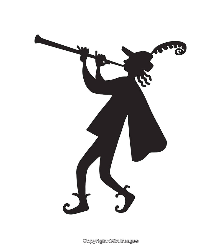 Black and White Silhouette of a Piper Musician in Traditional Clothing