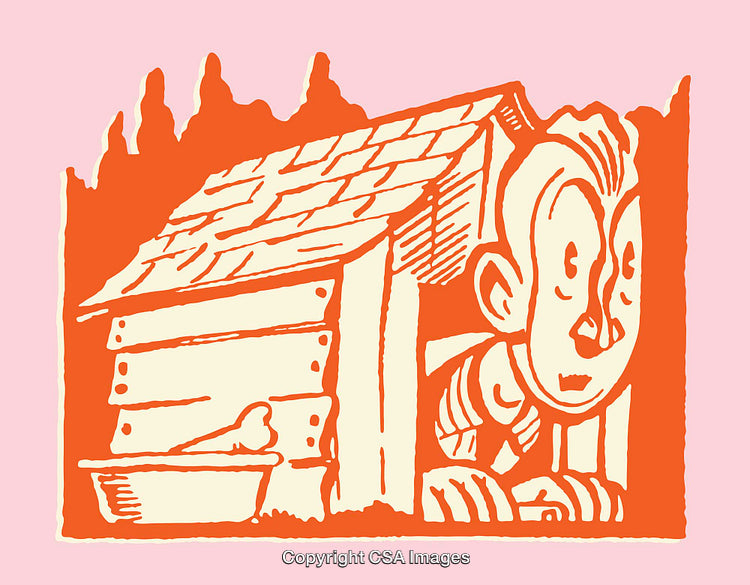 Rustic Artistic Illustration of a Character Near a Cottage in Warm Colors