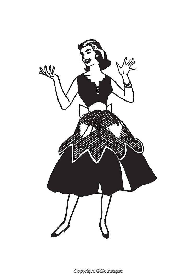 Vintage Black and White Illustration of a Woman Posing in a Retro Dress