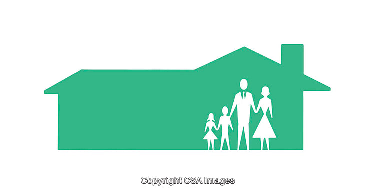 Green Silhouette Icon of Family within a House Shape