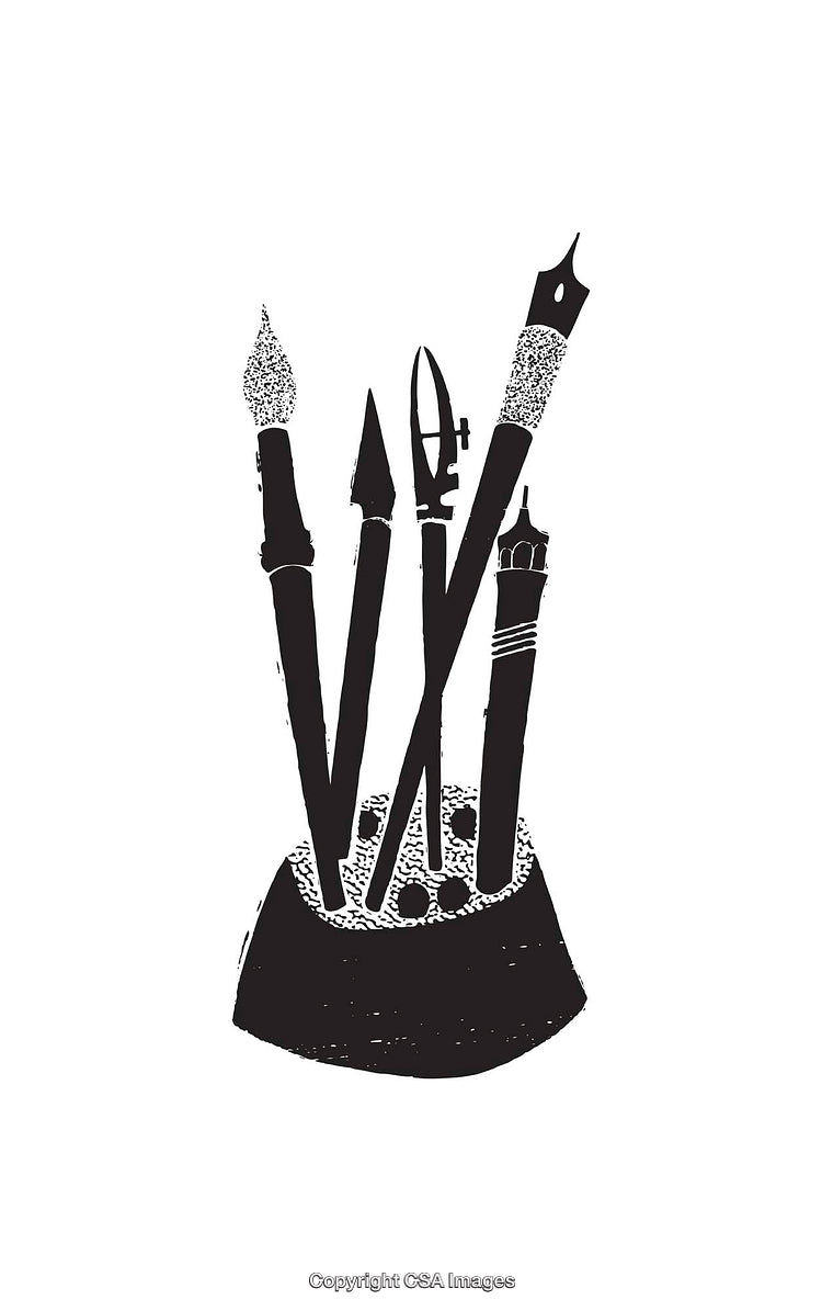 Black and White Illustration of Art Tools in a Holder