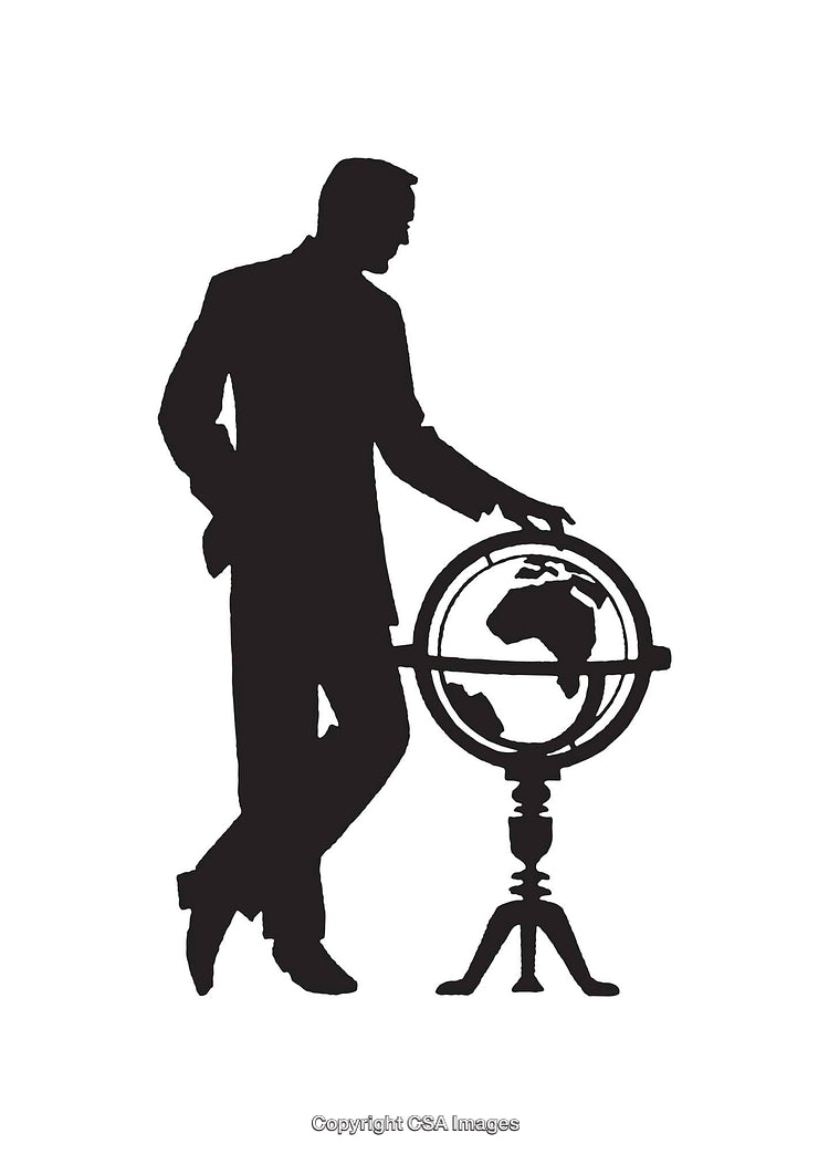 Silhouette Man Standing Beside Globe in Black and White Illustration