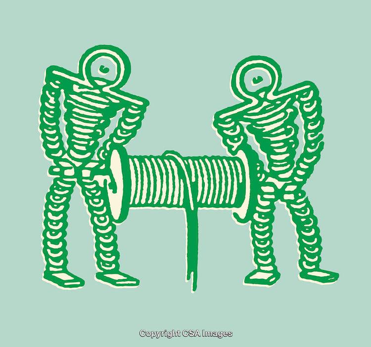 Abstract Line Art Illustration of Two Skeleton Figures with a Large Spool