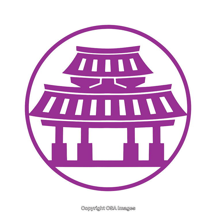 Purple Circular Icon Depicting a Traditional Japanese Pagoda Structure