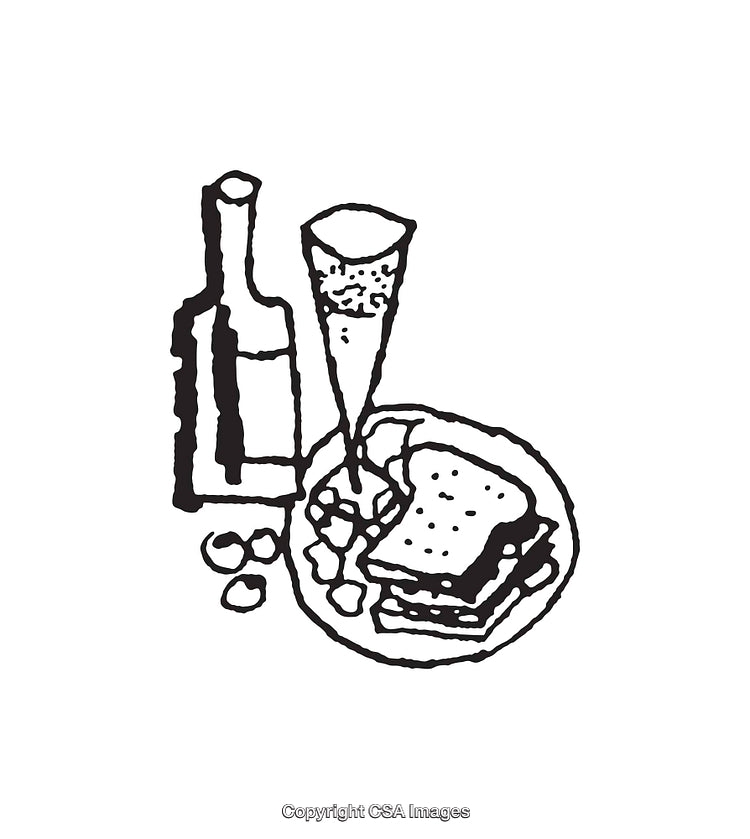 Illustration of a Food and Beverage Arrangement in Black and White Line Art