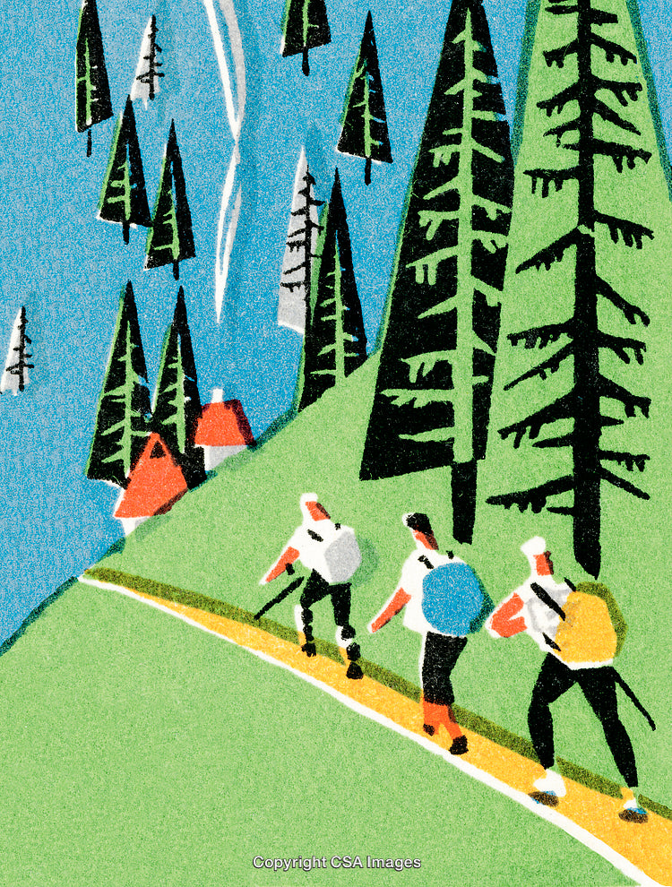 Illustration of Three Hikers in a Scenic Mountain Landscape