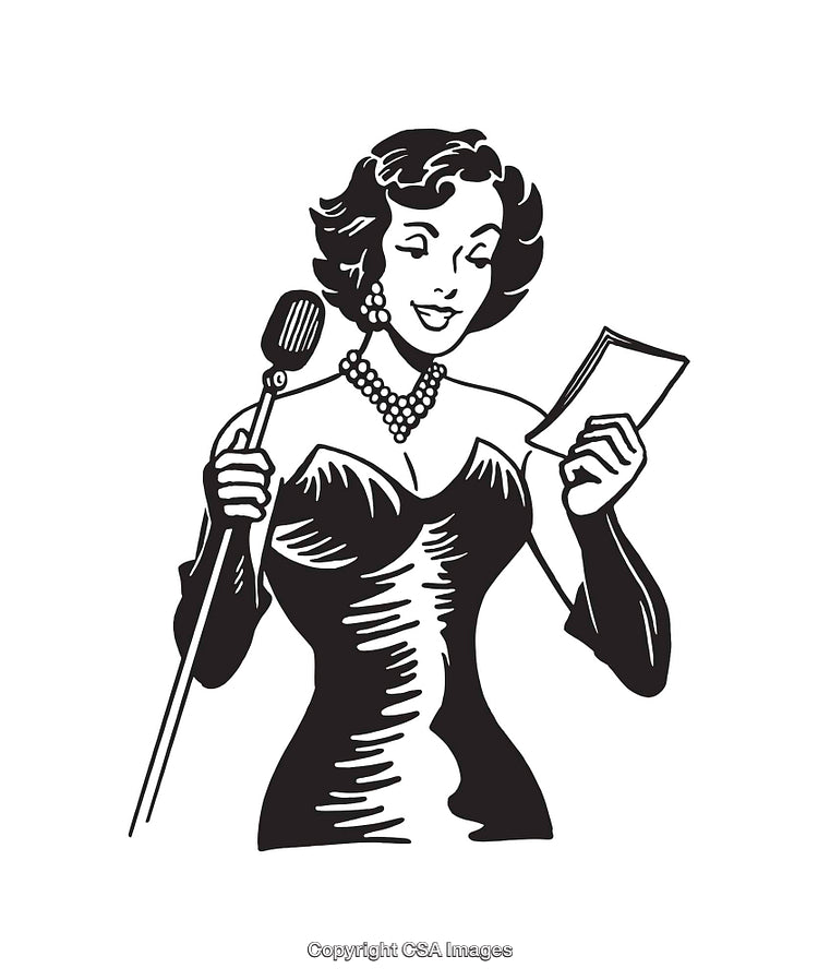Elegant Singer Performing in Black and White Line Art Illustration