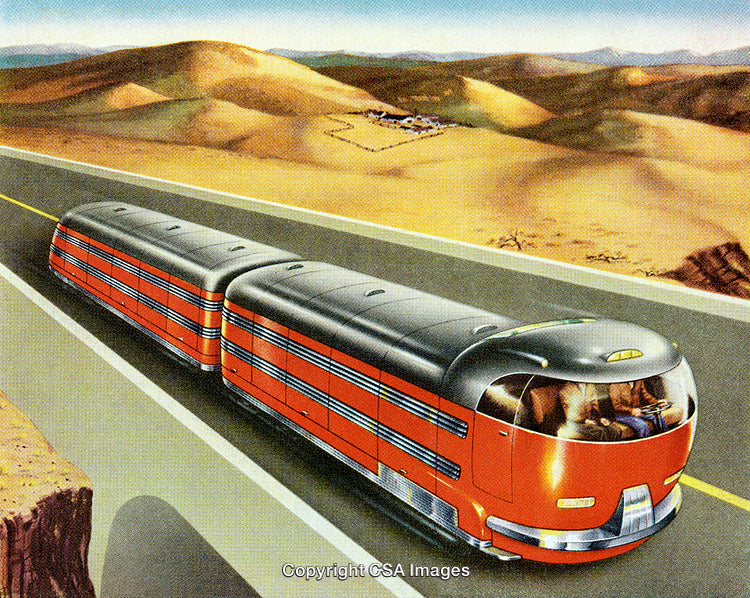 Futuristic Art Deco Vehicle Traversing Desert Road in Retro Illustration