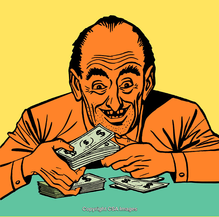 Vintage Comic Style Illustration of a Man With a Pile of Cash