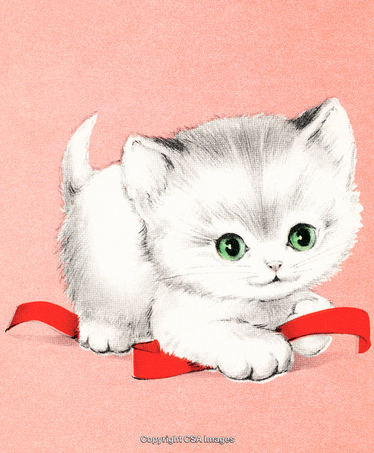 Adorable White Kitten with Red Ribbon on Pink Background