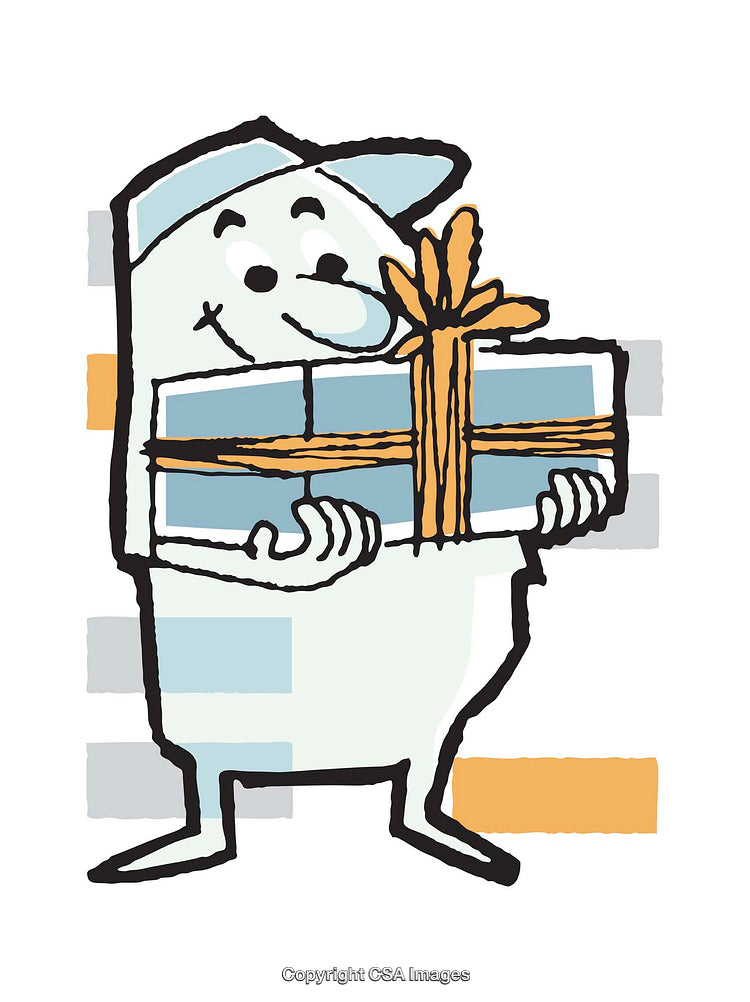 Playful Cartoon Figure Carrying a Gift Box with Ribbon