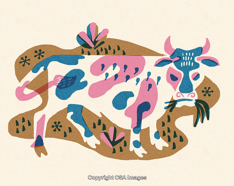 Colorful Abstract Illustration of a Cow with Floral and Nature Motifs