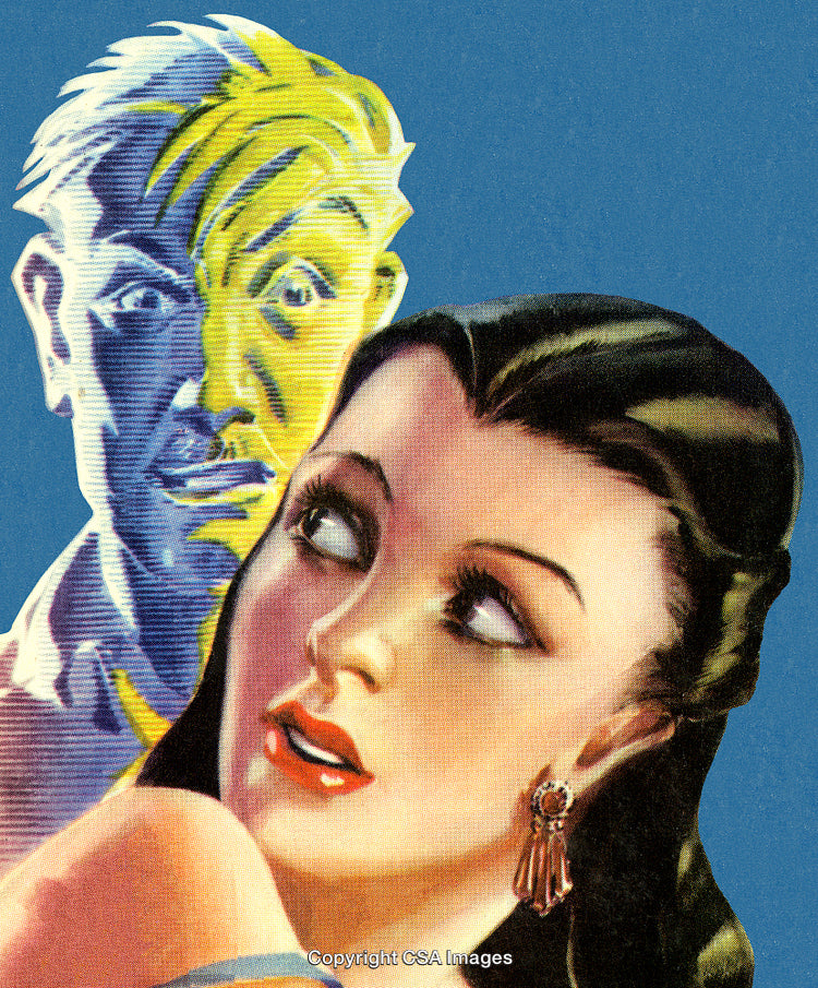 Retro Illustration of Surprised Woman and Mysterious Colorful Figure