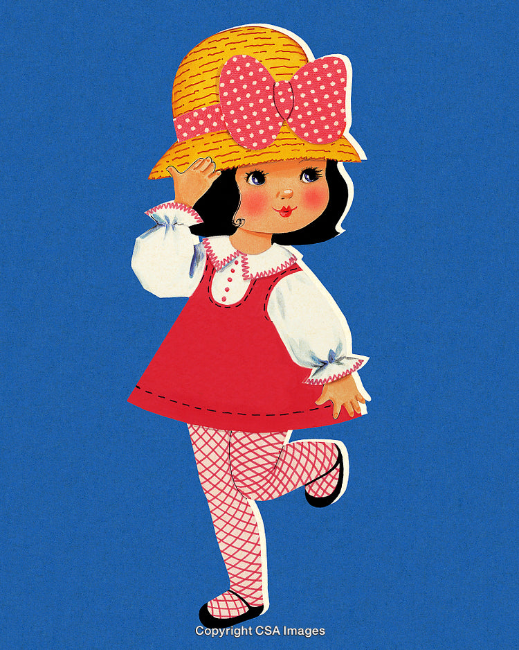 Vintage Illustration of Girl Wearing Hat and Red Dress on Blue Background