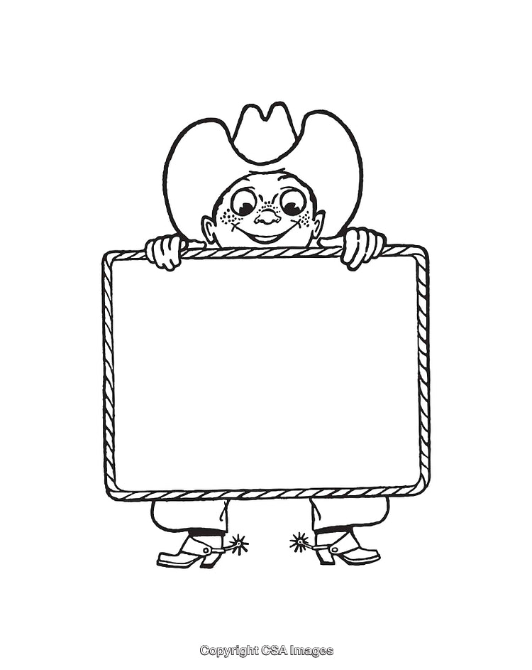 Black and White Cowboy Illustration Holding a Blank Sign