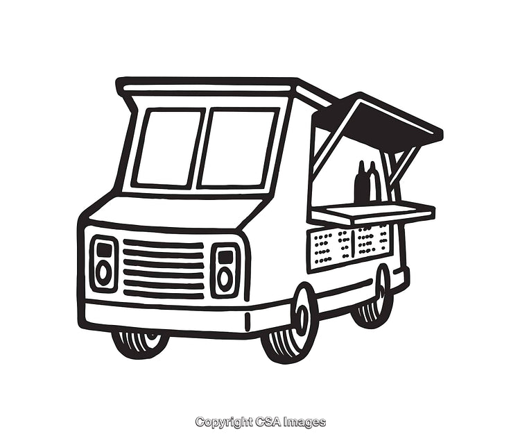 Black and White Line Art Illustration of a Food Truck